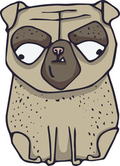 Digital png illustration of grey cartoon pug sitting on transparent background