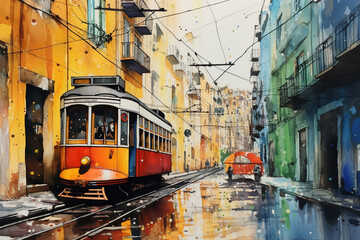 Lisbon in watercolor painting