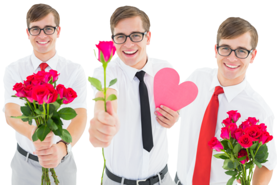 Digital png photo of three happy caucasian men wearing glasses with roses on transparent background - Powered by Adobe