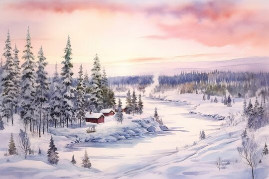 Lapland Finland in watercolor painting