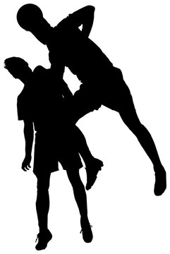 Digital png silhouette of two male soccer ball players reaching ball on transparent background
