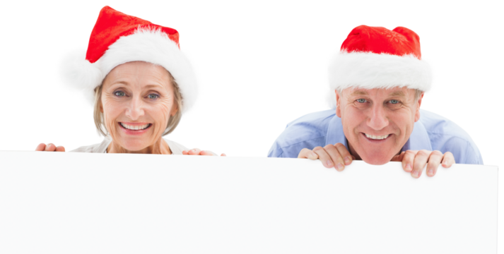 Digital png photo of senior caucasian couple behind banner with copy space on transparent background