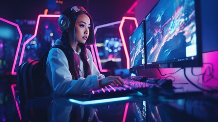 Young asian girl futuristic gamer and streamer glowing background wallpaper ai generated image - obrazy, fototapety, plakaty