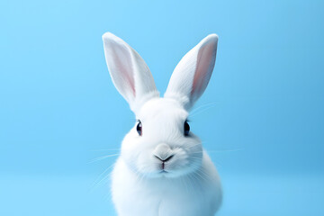 White rabbit on pastel blue background. Happy Easter Day.