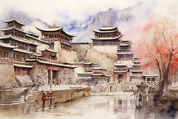 Obraz premium Jiangshi palace in Tibet in watercolor painting