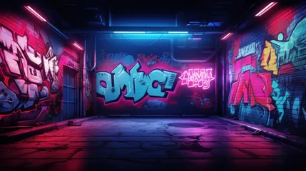 Wall murals Graffiti Cyberpunk city wall graffiti neon glow concept background wallpaper ai generated image