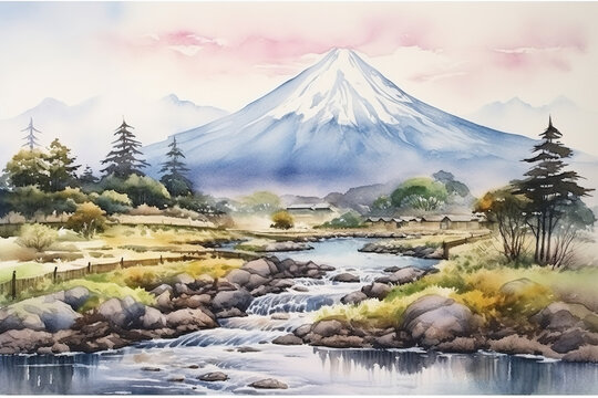 Japan, Fuji mountain in watercolor painting