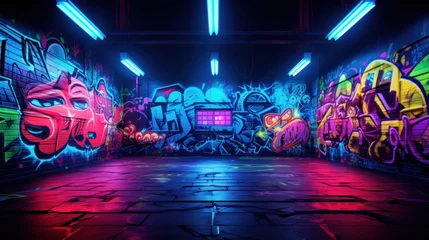 Rolgordijnen Graffiti Cyberpunk city wall graffiti neon glow concept background wallpaper ai generated image