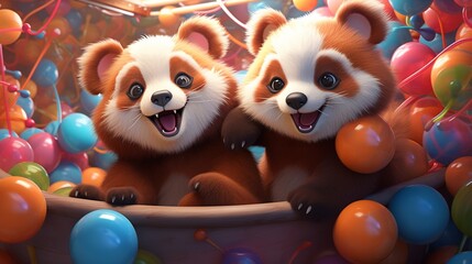 Fototapeta na wymiar A pair of adorable red pandas exploring a balloon-filled playground, exuding a sense of playful adventure.