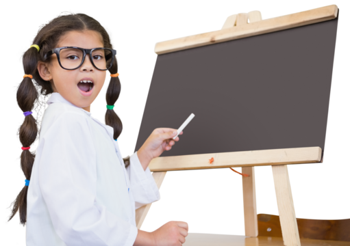 Digital png photo of surprised caucasian schoolgirl writing on blackboard on transparent background - Powered by Adobe