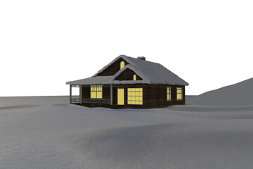 Digital png illustration of snow covered house at night on snow field on transparent background