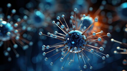 3D render of super close up influenza virus on dark blue background.   - obrazy, fototapety, plakaty