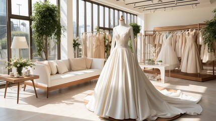 Describe a bright and serene white Wedding dress rental shops designed in a minimalist style.  