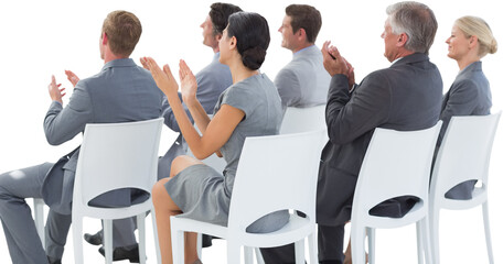 Digital png photo of diverse male and female businessman clapping on transparent background
