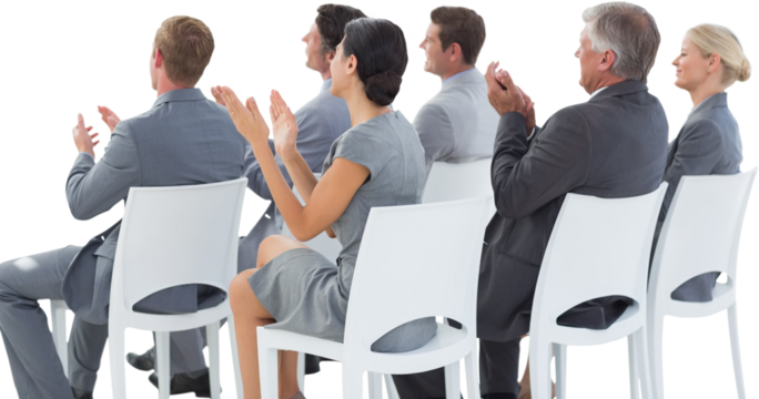 Digital png photo of diverse male and female businessman clapping on transparent background - Powered by Adobe