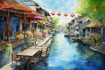 Fotobehang Hoi An Vietnam in watercolor painting © arhendrix