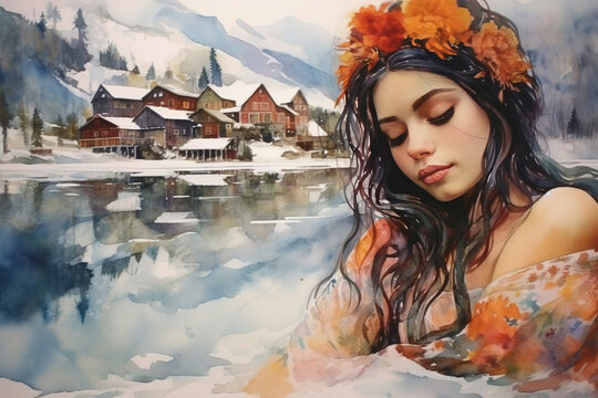 Hamnoya Norway in watercolor painting