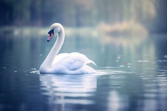 Photo of a graceful swan swimming in a tranquil lake. Generative AI