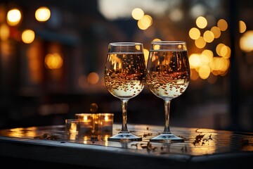 front view of champagne glasses with bokeh lights