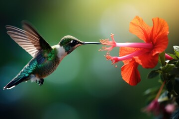 Photo of a hummingbird hovering near a vibrant flower. Generative AI