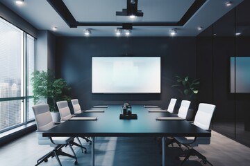 Photo of a minimalist conference room with high-tech equipment. Generative AI - obrazy, fototapety, plakaty
