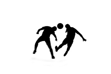 Fototapeta na wymiar Digital png silhouette image of male football players on transparent background