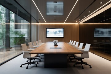 Photo of a minimalist conference room with high-tech equipment. Generative AI