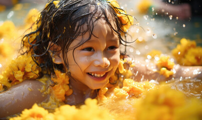 Joyful Thai Child Playing in Water with Marigolds During Songkran Festival