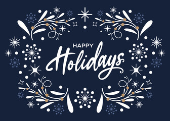 Happy Holidays printable banner, card with 
Happy Holidays in cursive, font, phrase, 
message, clipart, blue, vector for Merry Christmas, 
email signature, business, social media post