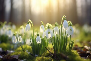 Beautiful first flowers snowdrops in spring forest.