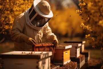 Honey harvest. Beekeeper collecting honey from hive frames