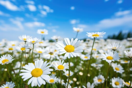 A field of white flowers under a blue sky, meadow of daisy stock. © kardaska