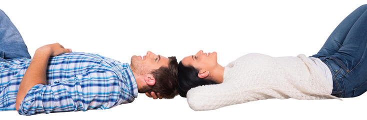Digital png photo of happy caucasian couple lying on transparent background