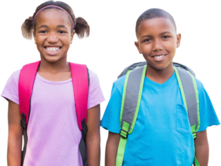 Digital png photo of happy african american schoolchildren with backpacks on transparent background