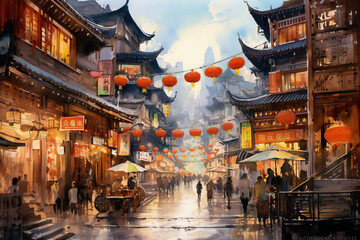 Beijing China in watercolor painting - obrazy, fototapety, plakaty