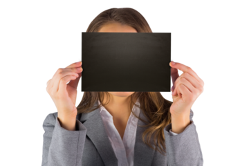 Digital png photo of caucasian businesswoman holding black sheet on transparent background