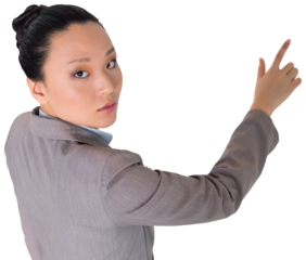Digital png photo of asian businesswoman pointing on transparent background