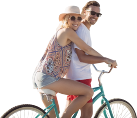 Digital png photo of happy caucasian couple on bike on transparent background
