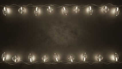 3D Rendering of dark grunge background with glowing light bulbs on top and bottom as frame. For product advertising background