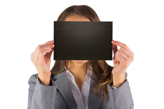 Digital png photo of caucasian businesswoman holding black sheet on transparent background