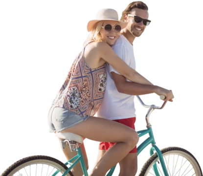 Digital png photo of happy caucasian couple on bike on transparent background