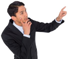 Digital png photo of biracial businessman pointing on transparent background