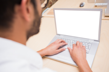 Digital png photo of caucasian businessman using laptop with copy space on transparent background