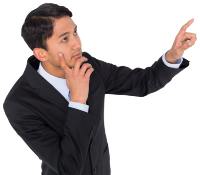 Digital png photo of biracial businessman pointing on transparent background