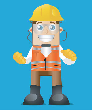 Friendly builder in a helmet, gloves and protective glasses. Construction worker character for animation. vector illustration