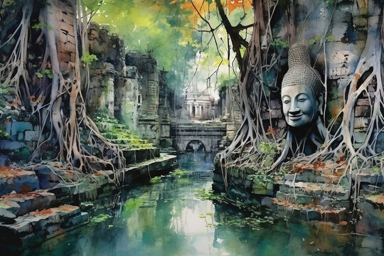 Ayuthaya Thailand in watercolor painting