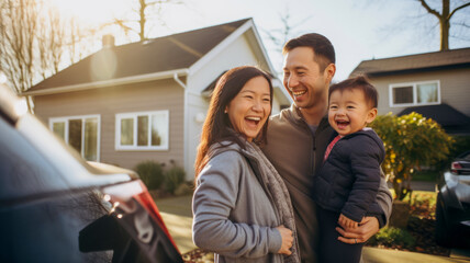 Happy Asian family looking at new house and new car in front or their home front yard and garden background.