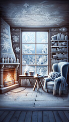Frost pattern on window glass in a shape of a reading room with cozy chairs and books