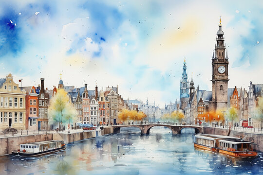 Amsterdam Netherlands in watercolor painting