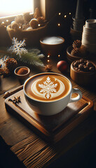 Obraz na płótnie Canvas Festive Cappuccino with Snowflake Latte Art Design, Christmas Coffee
